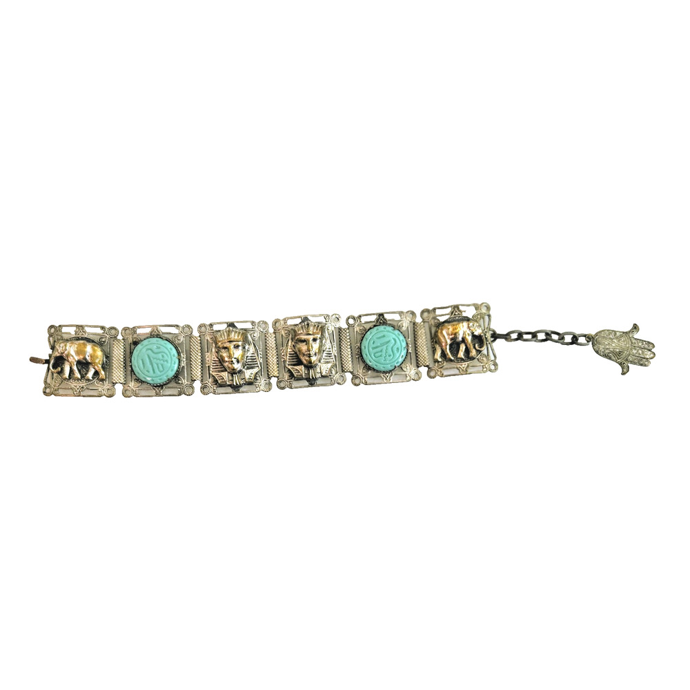 Vintage Egyptian Revival Panel Bracelet Silver Tone Scarabs Pharoah Elephants - Picture 10 of 13